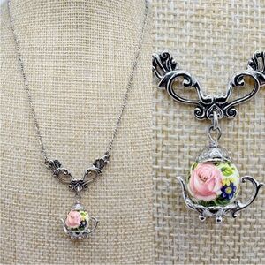 Adorable 925 Sterling Stamped Floral Teapot Silver Pendant Necklace